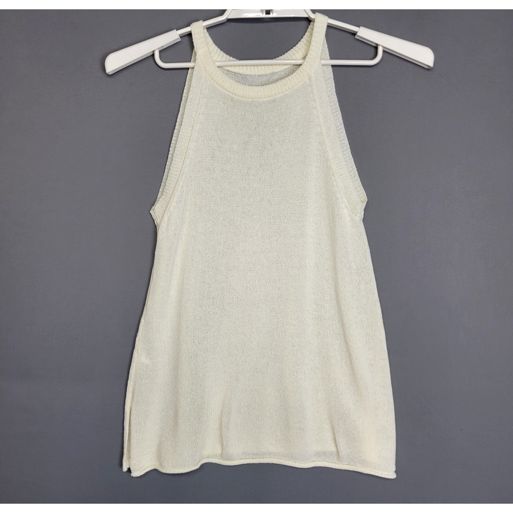 Knitted Halter Top Womens Small Ivory Tunic Sleeveless Stretches Slit Hems NWOT